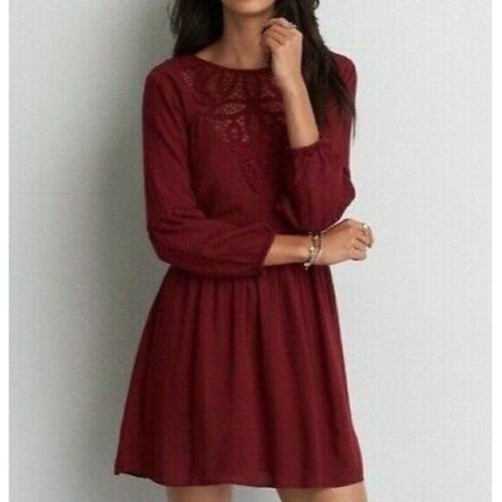 American Eagle Womens Burgundy Lace Boho Long Sleeve Tie Back Mini Dress Size XS